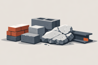 A flat vector illustration shows a small cluster of heavy materials including stacked bricks, concrete blocks, a broken concrete slab, and a steel beam segment. The objects sit low and slightly left on a light stone-colored background with soft shadows, rendered in muted grays and whites with a small burnt orange accent to emphasize density and weight.