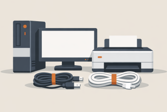 A clean, flat vector illustration on a limestone-colored background shows a small group of electronic items—computer tower, monitor, printer, and coiled cables—arranged low and slightly left of center. The objects use charcoal and white tones with subtle shading and soft shadows, and small burnt orange accents highlight details like buttons and cable ties. The uncluttered composition emphasizes electronics, cables, and wires as items that need special handling.